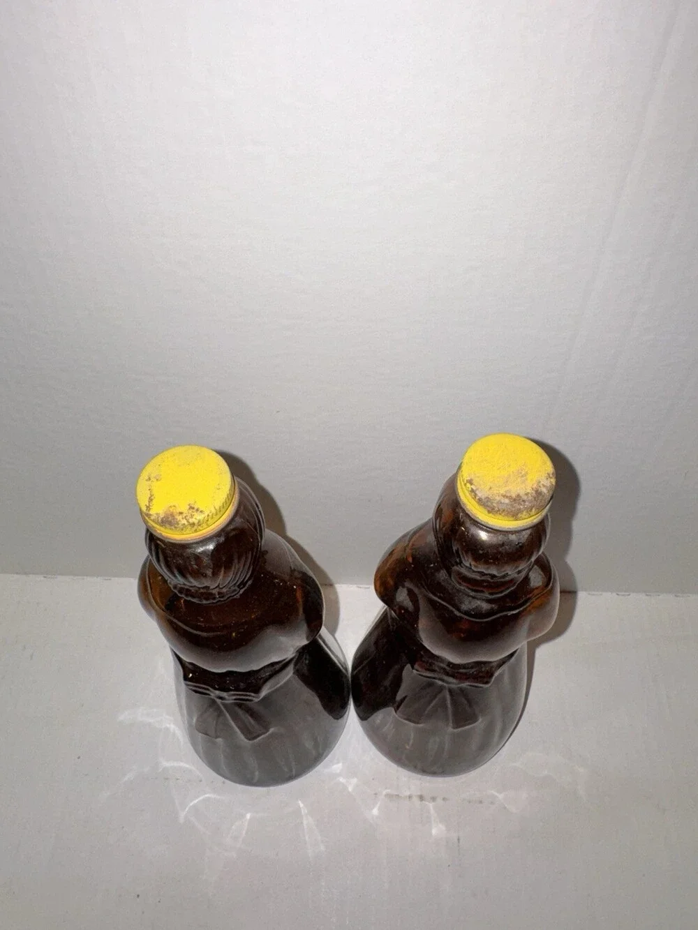 Vintage Mrs. Butterworth Amber Glass Syrup Bottles Pair Original Yellow Caps